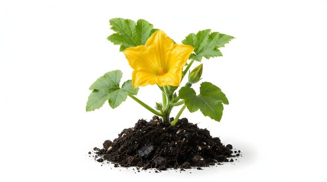 A vibrant yellow squash blossom grows from a small mound of nutrient-rich dark soil, featuring lush green leaves isolated against a clean, plain white background backdrop.