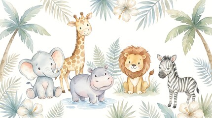 Obraz premium Cute baby jungle animals including elephant giraffe hippo lion and zebra with palm leaves in a tropical forest