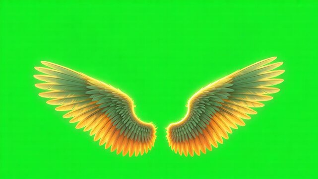 A pair of glowing golden and green fantasy wings spread wide against a vibrant green screen background creating a magical and ethereal mood 4k video