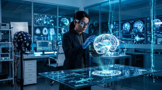Scientist interacting with holographic brain interface in futuristic lab.