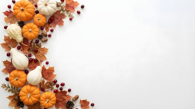 A festive autumn composition featuring a variety of pumpkins, gourds, dried maple leaves, pinecones, and scattered cranberries arranged elegantly along the left edge of frame.