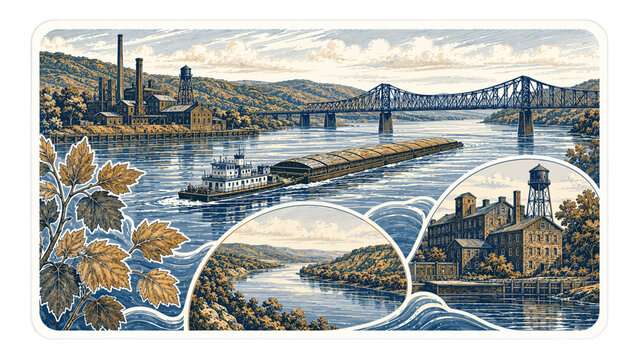 Ohio River industrial heritage postcard collage with river barge, steel bridge, rolling hills, old mill silhouette, trees, and