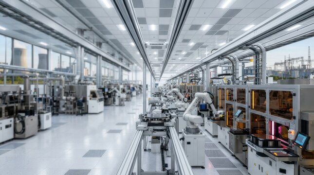 Semiconductor fab with wafer-handling robots, vacuum lines, cleanroom glazing, cooling towers, and a bright chip production hall.