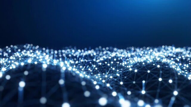 Glowing digital network wave with interconnected nodes and light particles representing data flow and advanced communication technology