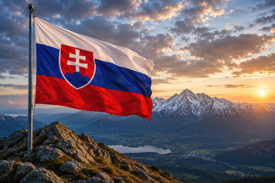 Slovakia Flag Waving Over Tatra Mountains at Sunrise