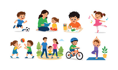 Fototapeta premium Small children activity icons with playful character, adult figure, and outdoor exercise scene, children, activity, character,