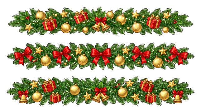 Christmas garland borders with green pine branches red ribbons and gold ornaments for holiday decor