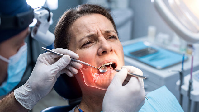 Woman patient wincing during dental procedure with dentist examining teeth in clinic