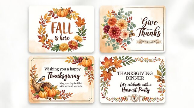 Set of four thanksgiving cards with fall leaves and autumn harvest motifs for holiday greetings