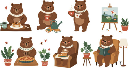 Fototapeta premium A collection of cute brown bears engaged in various cozy daily activities like painting reading drinking tea and baking cakes