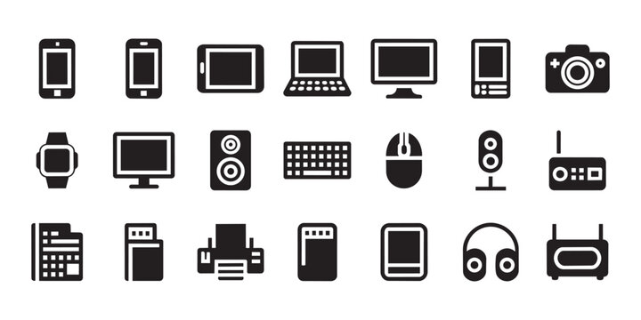 Diverse set of technology icons including computers tablets printers cameras mobile phones speakers keyboards mouse and audio gear for business development usage.