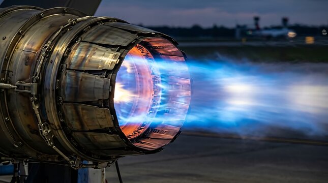 Close up of a powerful jet engine nozzle glowing with bright blue fire during a night engine test