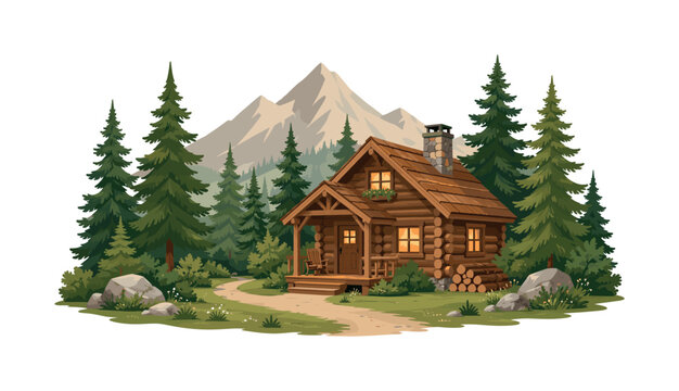 Charming flat vector landscape scene featuring a small cozy log cabin house hidden among green pine trees, landscape, cabin, house