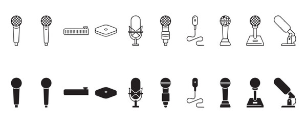 Collection of various microphone symbols including studio condenser models handheld dynamic units and wireless equipment for sound production systems. © Vectors-Stock