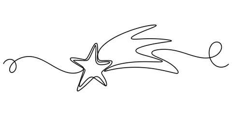 Continuous single line drawing of a shooting star with a long trail in a simple minimalist art style for creative design projects and decoration Vector, illustration © Single Outline 