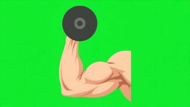 Muscular arm flexing bicep while lifting a heavy dumbbell on a vibrant green screen background showing strength and fitness 4k video