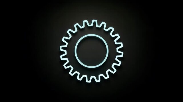 A glowing light blue neon gear symbol on a dark black background representing mechanics engineering settings and system processes with a futuristic abstract mood 4k video