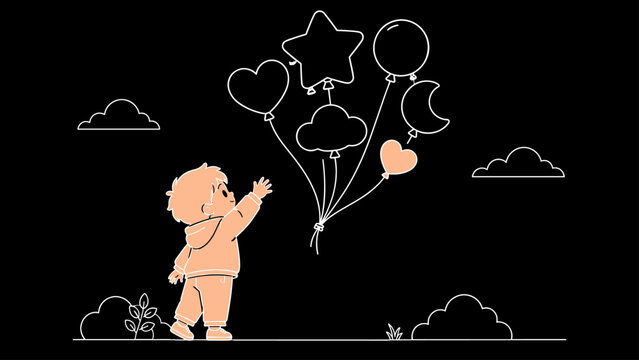 Small child reaching toward floating balloons shaped like simple rounded icons, child, balloons, icons, reach, childhood, joy,