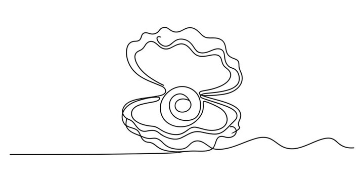 Continuous single line drawing of an open clam shell with a shiny pearl inside in a minimalist artistic style for modern graphic design projects Vector, illustration