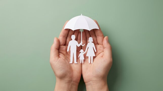 Hands holding a white paper family under a protective umbrella for life assurance.