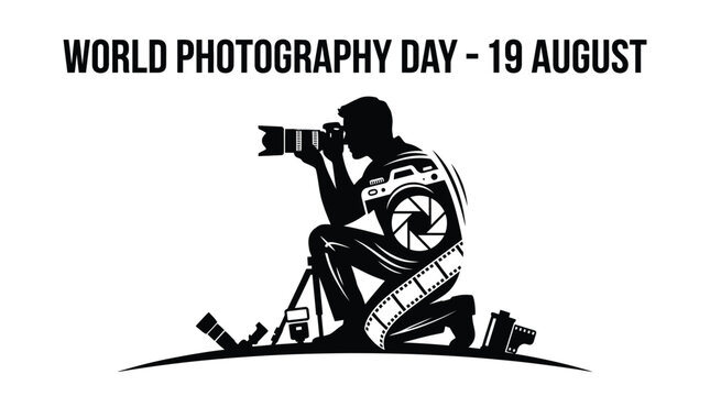 A silhouette of a kneeling photographer holding a camera for the special world photography day