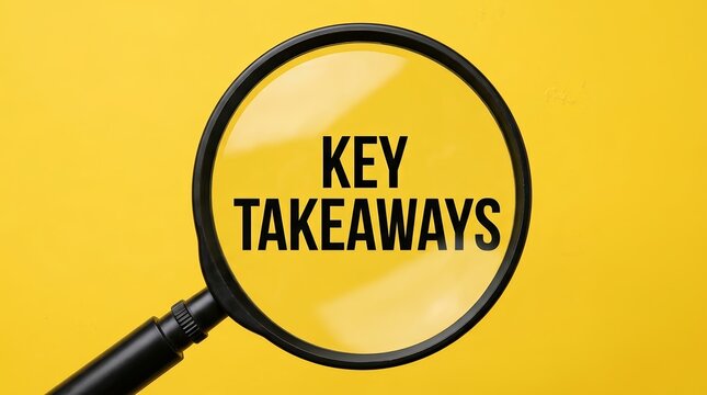 Magnifying glass enlarging the text key takeaways on a yellow background.