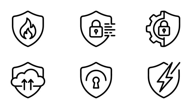 Security Shield Icons: Fire, Lock, Gear, Cloud, Wi-Fi, Lightning Protection Vector Set