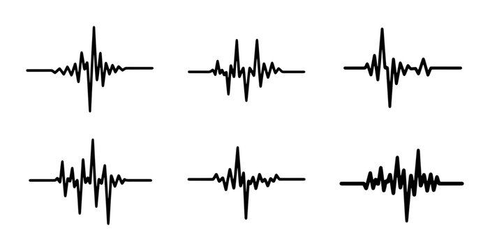 Six Black Sound Waveforms, Audio Signal Graphics, Music Pulse Lines, Abstract Sound Patterns, Digital Wave Forms, Electronic Sound Visuals