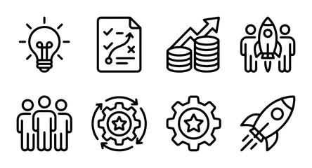 Fototapeta premium Business Growth Icons: Lightbulb Idea, Strategy Plan, Coin Stack, Team Rocket Launch, Teamwork, Process Gear, Rocket Ship