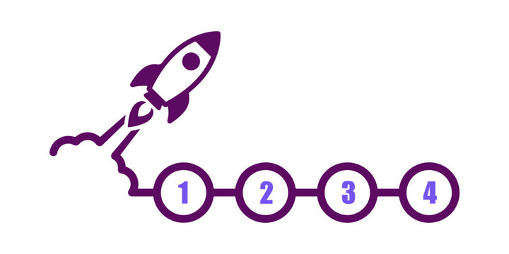 Purple rocket launch project step infographic vector line art for bullet points replacement list timeline chart graphic layout