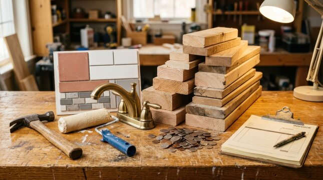 Hammer, roller, tile samples, brass faucet, lumber offcuts, coins, and invoices show rising home remodeling costs and budget strain.