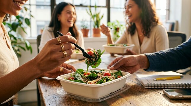 Office workers eating healthy salads together during a lunch break.