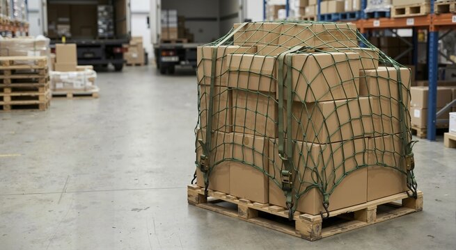 Cargo net securing cardboard boxes on a wooden pallet in a warehouse. Logistics and shipping preparation for freight transport