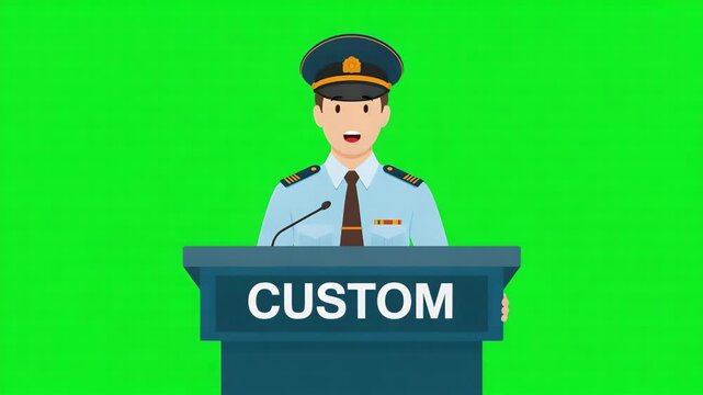 Professional customs officer cartoon character speaking at a podium with a microphone on a vibrant green screen background delivering an official presentation with a friendly expression 4k video