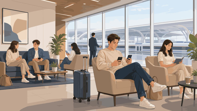 Passengers relaxing inside modern train or airport lounge, passengers, lounge, travel, seating, terminal, transport, people,