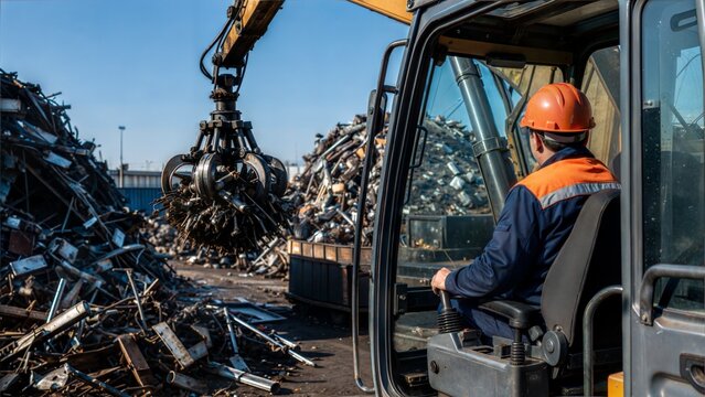 Worker operating a crane at a scrapyard lifting scrap metal