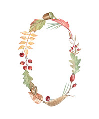 Autumn botanical watercolor of the letter O. Elegant monogram created from autumn leaves, berries, acorns, bean pod, and pine needles. Beautiful design element for books, cards, stickers © FlowersForBear