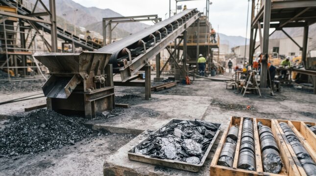 Graphite flakes, core samples, crusher hopper, and conveyor belt in a mining refurbishment yard for graphite mine restart and mineral processing