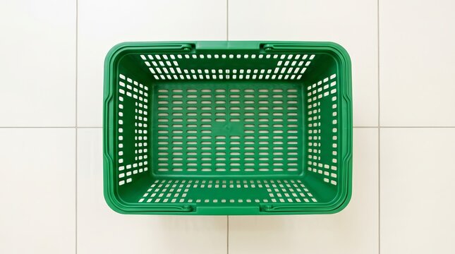 An empty green shopping basket placed on a white tiled floor.