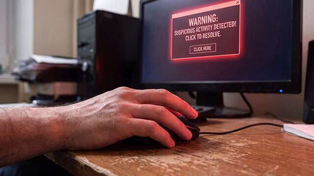 Hand on computer mouse with suspicious activity warning alert displayed on monitor screen