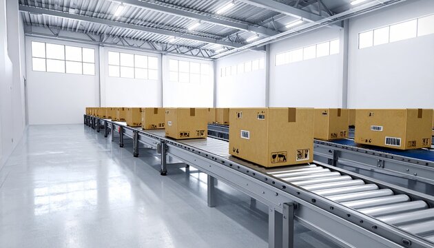 Cardboard Packages Moving on Conveyor Belts Inside a Modern Automated Logistics and Distribution Warehouse