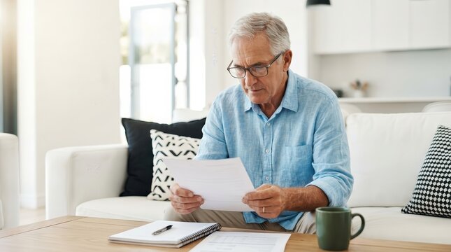 Senior man sitting on sofa reading documents for retirement and insurance planning