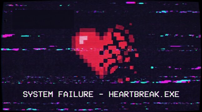 pixelated red broken heart on retro crt monitor screen with glitch effect. system failure and heartbreak concept. vintage technology background. banner, website header, copyspace.