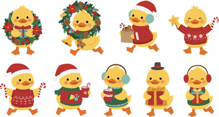 Obraz premium A collection of cute cartoon yellow chicks dressed in festive winter holiday clothing and holding various christmas gifts and decorations