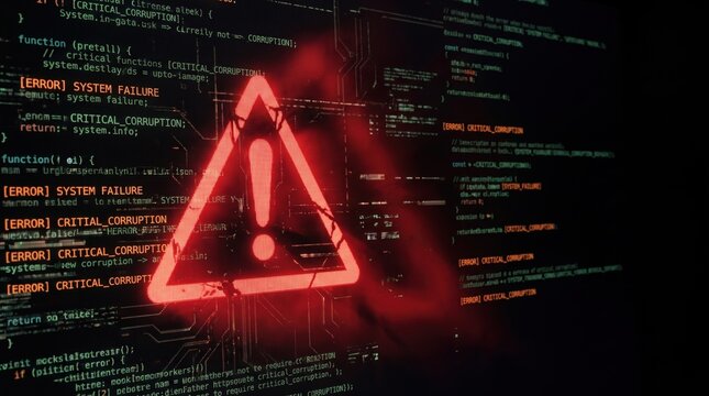 glowing red warning triangle with exclamation mark over computer screen displaying code and error messages. system failure, critical corruption, cyber attack alert concept. banner, website header.