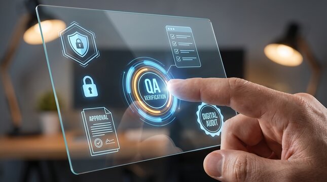 Quality Assurance QA Verification Digital Audit Futuristic Hologram Screen Professional Business Software Testing Website
