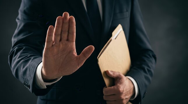 A professional businessman in a suit making a stop gesture while holding a folder.