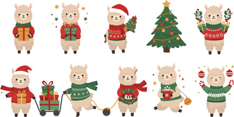Fototapeta premium A collection of cute cartoon llamas dressed in festive winter clothing and holding various christmas gifts and holiday decorations for design