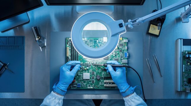 top view of engineer hands in blue gloves soldering printed circuit board under magnifying glass. microelectronics repair and maintenance. tech workspace. banner, website header with copyspace.