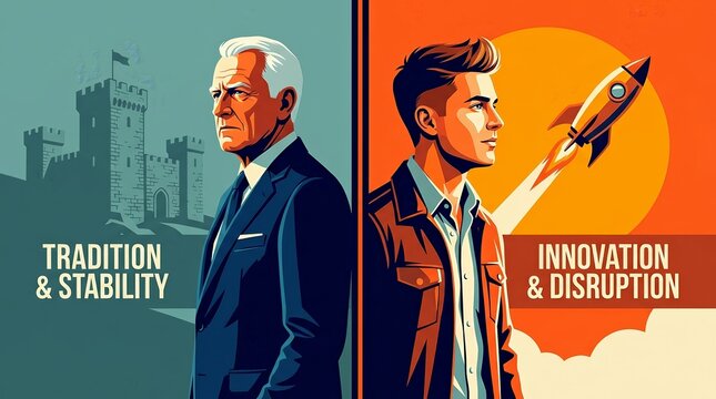 Split-screen editorial illustration of a seasoned investor and a young tech entrepreneur.